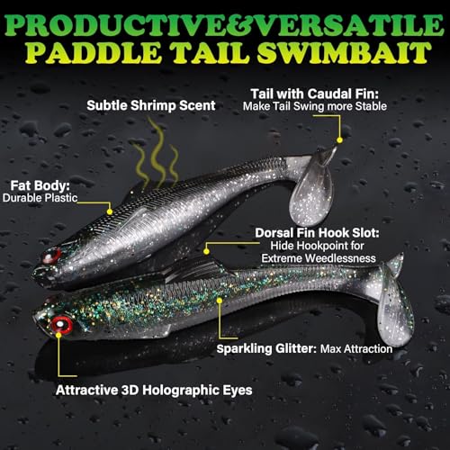LUCKYFISHING Paddle Tail Swimbaits Soft Plastic Swimbaits Soft Baits for Bass Fishing Trout Crappie Walleye Freshwater Saltwater 10/16/20 PCS Soft Plastic Baits 4/3.5/3/2.5 Inch - color: Black, size: 3 inch-16pcs