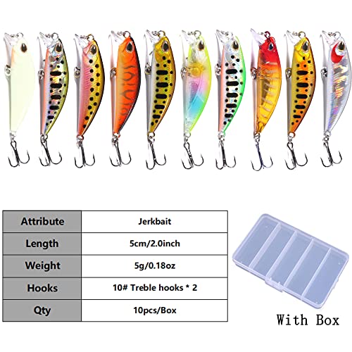 Jerkbait Fishing Lures Jerk Baits for Bass Fishing Jerk Bait Minnow Lures with Tackle Box for Freshwater Saltwater,10pcs - color: B-2in/0.18oz-10pcs