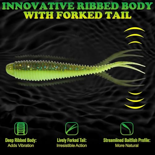 LUCKYFISHING Soft Plastic Baits 20PCS/30PCS/40PCS Forked Tail Fishing Soft Bait for Bass Walleye Trout Crappie Lures 3in/3.5in/4in - color: Green Flash, size: 3.5in-30pcs