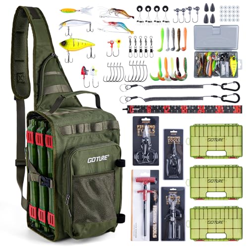 Goture OpenSide Tactical Sling Tackle Bag with 3 Tackle Trays and Fishing Tools, Lightweight Fishing Backpack Storage Gear and Equipment - Green Bag Outdoor, Gift for Men - color: Green, size: Small bag with 3600 trays, style: Bag + Fishing Boxes(handle)