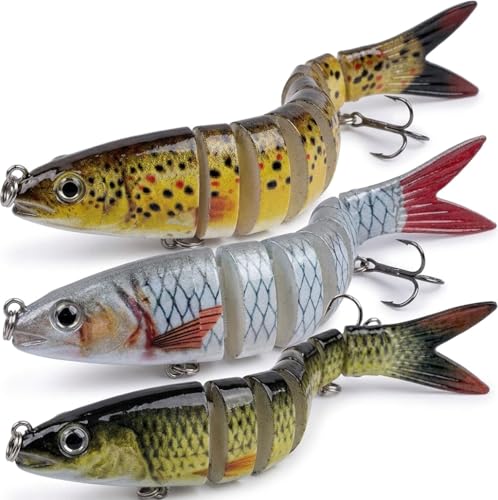 Bass Fishing Lures 3 Pack, 5.2in 8-Segment Jointed Swimbaits, Slow Sinking Hard Baits with Tackle Box, Life-Like Swimming Action for Bass Pike Walleye