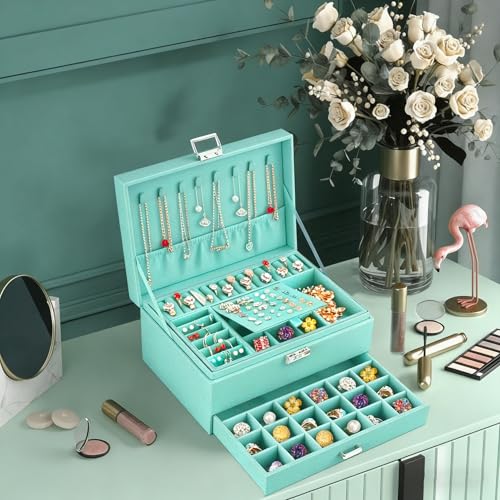 QBestry 3-Layer Jewelry Box for Girls & Teens with Lock and Key, Large Jewelry Organizer with 8 Necklace Hooks & 56 Earring Holes, Teal Velvet Jewelry Storage Box for Necklaces Earrings Rings Bracelet - color: Turquoise