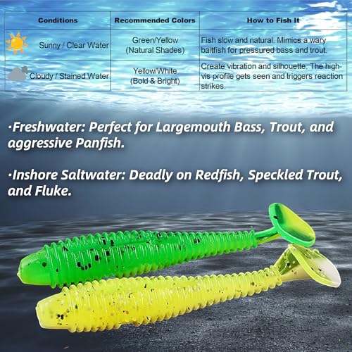 Soft Plastic Paddle Tail Swimbaits Pack of 15 – 3" Soft Plastic Fishing Lures with Extra-Large Tail for Lifelike Swimming Action – Freshwater & Saltwater - color: Yellow-white