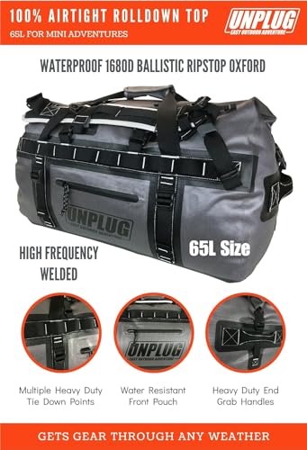 UNPLUG Ultimate Adventure | 1680D Heavy Duty Waterproof Bag | Large Travel Bag which can be Used for Camping, Motorcycling, Boating, or Hunting|65L Storm Grey - color: Storm Grey, size: 65L