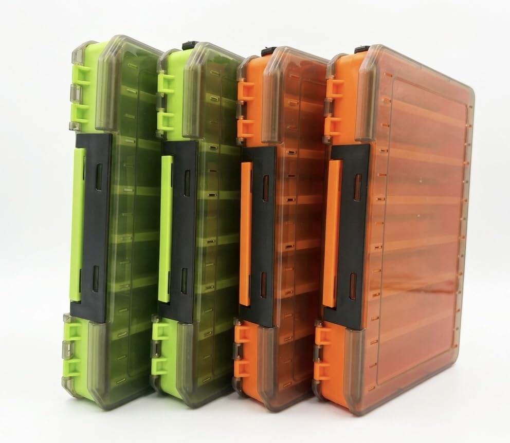 4 Packs- Double Sided Fishing Lure Boxes - 14 Compartment Large Lure Storage Box for Crankbait Squid Jig Fishing Tackle Organizer - color: Orange and Green