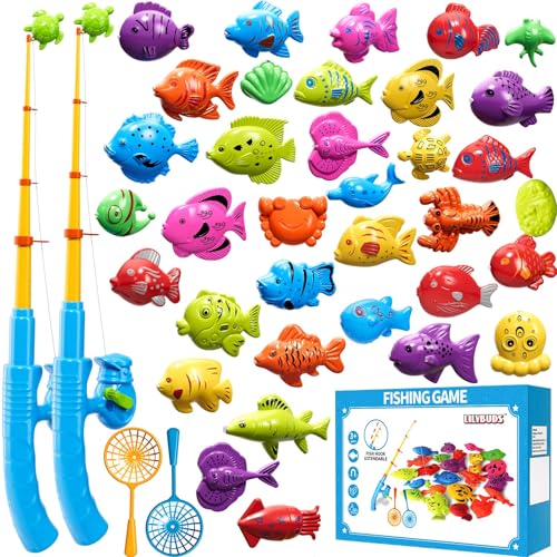 Magnetic Fishing Game Toys for Kids Toddlers 3-5 4-8, Water Table Bathtub Toys with Pole Rod Net Plastic Floating Fish, Water Bath Pool Outdoor Toys for Kids Toddlers Baby Age 3 4 5 6 7 8 Year Old - style: 35Fish+2Rod+2Net