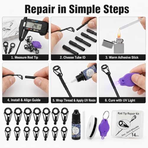 Fishing Rod Tip Repair Kit with UV Light & Glue | Complete Pole Tip Replacement Supplies for Broken Rods | 14 Sizes Top Eyelets, Wrapping Thread | Fishing Rod Repair Kit & Pole Repair Kit - color: 6+8+10#