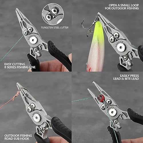 SAMSFX Mini Snap Split Ring Fishing Pliers with Retractors Combo, Scissors Braid Cutters, Lightweight Stainless Steel Fly Fishing Tools, Split Ring Pliers, Hook Remover