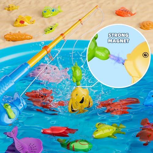 Magnetic Fishing Pool Toys Game for Kids Toddlers 3-5 4-8, Water Table Bathtub Toy with Inflatable Pool Pole Rod Net Plastic Floating Fish, Water Bath Pool Outdoor Toys for Kids Toddlers Baby - style: 44 fish with pool