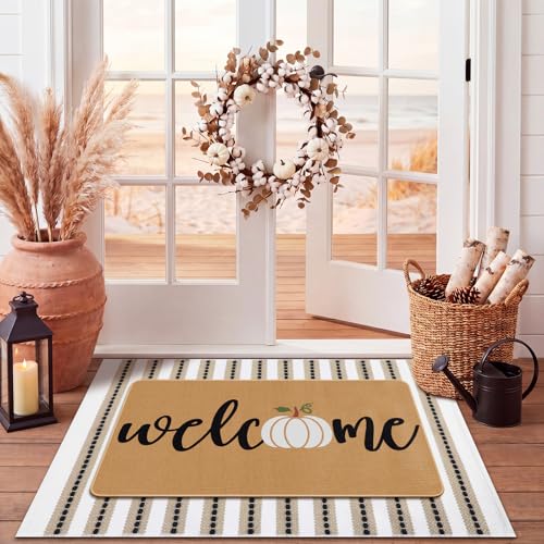 Tinideya 2 Pcs Fall Layered Doormat Set, Farmhouse Pumpkin Welcome Mat with Striped Layering Rug for Autumn Thanksgiving Outdoor Entryway Porch Decor - size: 16 x 28 Inch,24 x 35 Inch, style: Pumpkin