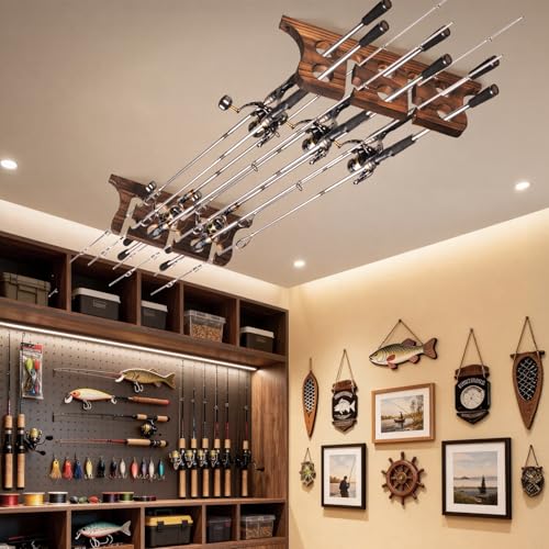 THKFISH Wood Fishing Rod Holders for Wall Ceiling, Holds Up to 7-10 fishing Pole Holders for Garage (1 set holds up 10 rods) - style: 1 set holds up 10 rods