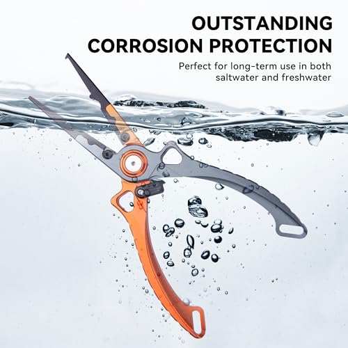 Fishing Pliers Hook Remover, Saltwater Split Ring Pliers with Safety Lock, Fishing Gear with Sheath and Lanyard, Fishing Gifts for Men - color: Orange
