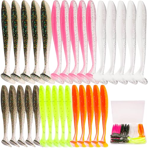 30pcs Soft Plastic Fishing Lures Paddle Tail Swimbaits Soft Baits Lure for Bass Crappie Trout Shad Freshwater Saltwater Fishing Mixed 3.5 Inch 4.7 Inch Swim Bait Kit with Box - color: White, Black, Pink, Orange, Yellow