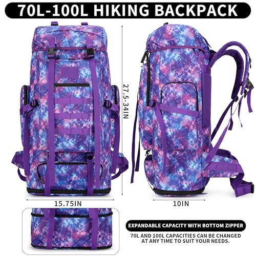 Hiking Backpack for Men 70L/100L Camping Backpack Military Rucksack Molle 3 Days Assault Pack for Climbing | Camping Backpack - color: 100l-purple Tie-dye