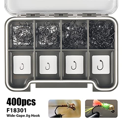 400Pcs Fly Tying Hooks Assortment, Barbless Fishing Hook Trout, Wide-GARP Jig Fly Fishing Hooks 12#14#16#18# with Box