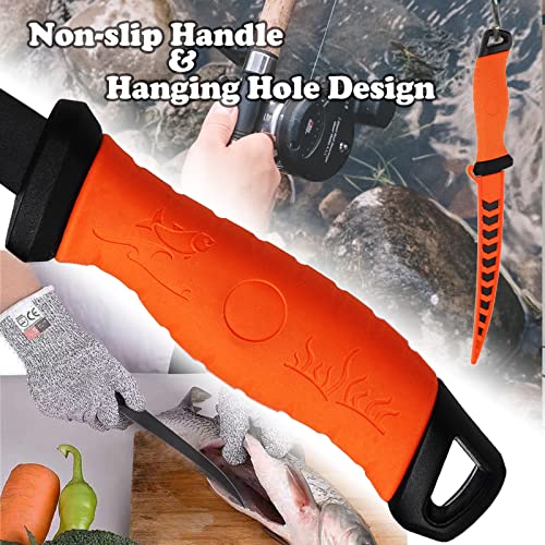 Fish Fillet Knife, 7 Inches Professional Fishing Fillet Knife Set Stainless Steel Blade in Corrosion Resistant Coating, with Sharpener and Cutting Resistant Gloves, for Fishing and Outdoor, Orange - color: Orange