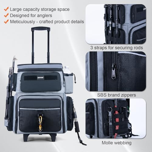 Goture 66L Rolling Tackle Box with Cooler, Gray Large Fishing Bag with Wheels for 5 3700 Trays(Trays Included), Saltwater Resistant Tackle Backpack with Rod Holders - color: Gray, size: With (5) 3700 Trays