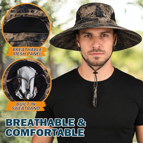 Wide Brim Sun Bucket Hat, Waterproof Boonie Hat for Men & Women | UPF 50+ UV Protection, Adjustable Fit, Chin Strap & Sweatband, Foldable Durable for Fishing Hiking Garden Beach - color: 05 Khaki (Camo)