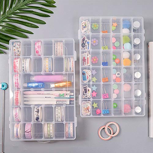 2 Pack Clear Bead Organizer Tackle Box with Adjustable Dividers for Jewelry Art Craft Containers 36 Grids Compartment with 5 Sheets Label Stickers - color: 2 Pack
