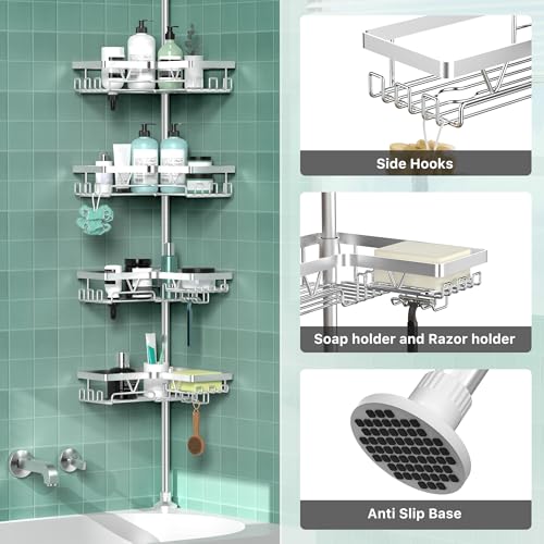 DAOYA Shower Caddy Tension Pole - Corner Shower Shelves with Soap Holder Bathroom Shower Organizer for Tub (Stainless Steel, Silver, Floor to Ceiling 25-114.2 inch) - color: Silver