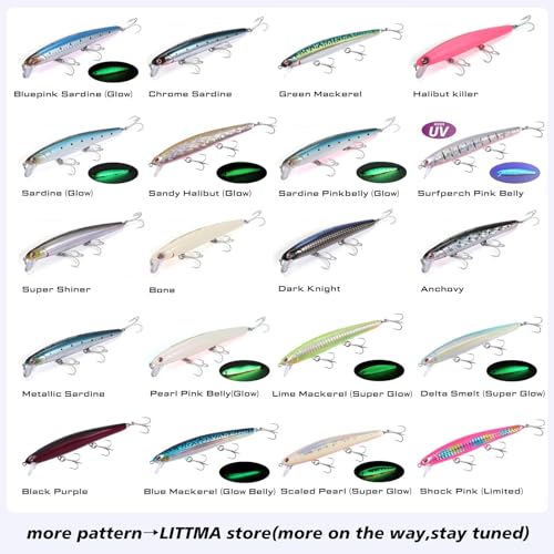 LITTMA California Surf Fishing Lures Saltwater Jerkbait Crankbait Surf Minnow 110/125 - Metallic Sardine Super Glow & Pearl Pink Belly Glow Lures for Halibut & Striper Fishing - color: Bronze, size: 110mm - 5/8oz