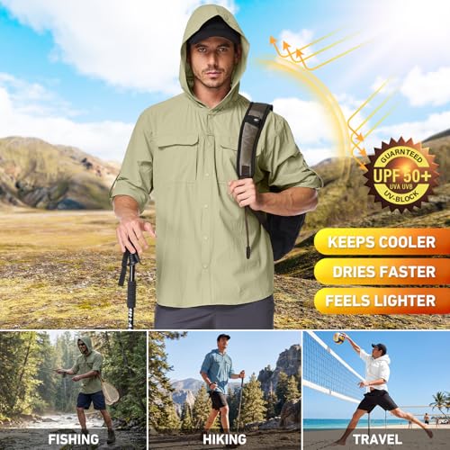 Mens Sun Protection Hiking Fishing Safari Shirts with Hood Long Sleeve Outdoor Quick Dry Shirts Hoodie - color: 5105 Khaki, size: Large