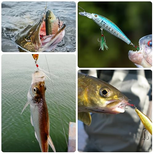 Feathered Treble Fishing Hooks, 120pcs Round Bend Treble Hooks with Split Rings for Making Fishing Lures Spinner Spoon Crankbait Feather Triple Hook Replacement for Saltwater Freshwater
