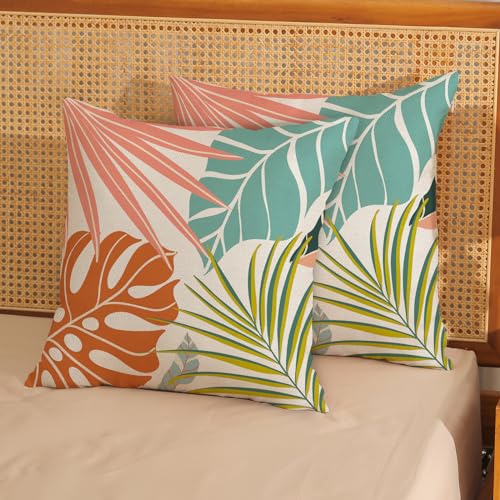 Summer Tropical Pillow Covers 18x18 Set of 2, Monstera Palm Leaf Pillowcase Green Orange Botanical Coral Summer Throw Pillows Outdoor Decor Farmhouse Cushion Case Linen Decorative for Home - color: Colorful Tropical, size: 18" x 18" (Pack of 2)