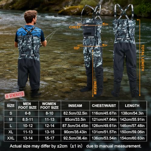 Goture 5-Layer Waterproof Stocking Foot Waders, Breathable Fly Fishing Waders for Men Women, Multiple Storage Pockets 5 Sizes - color: Camo - Gift Box Pack, size: X-Large