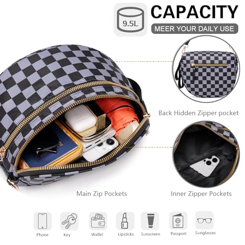 Pure Colour Crossbody Bum Bags for Women Spacious Checkered Cross body Bag Nylon Trendy Fanny Pack for Travel - color: Black Grey Checkered