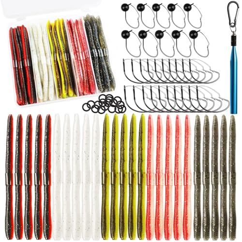 Dovesun Wacky Worm for Bass Trout Fishing Worms Kit with Soft Plastic Baits, Weedless Hooks, Bass Hooks,Weedless Jig Head, Wacky Rig Tool, O-Rings, Weight 152Pcs/131Pcs/50Pcs - color: C-131PCS Wacky Worms & Fishing Hooks Kit