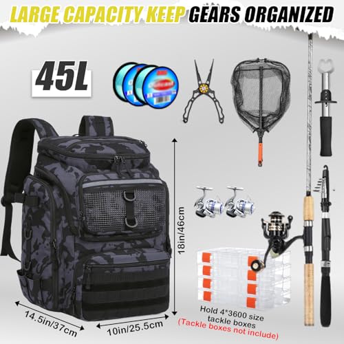 HAMBOLY Fishing Backpack 45L with Rod Holders, Water-Resistant Tackle Backpack for Fishermen, Large Capacity Fishing Gear Bag for Travel Hiking Camping - color: Black and Blue CM