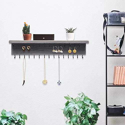SANY DAYO HOME Jewelry Organizer with 30 Hooks and Cosmetics Shelf, 15 x 3 x 4 inches Wall Mounted Rustic Pine Wood Holder for Necklaces and Bracelets, Suitable for Kids and Adults (Gray) - color: 30 Hooks Grey