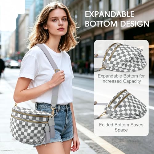 Checkered Nylon Crossbody Bag Bum Bag for Women Mom Large Checkered Fanny Packs with Adjustable Strap - color: Light Grey Checkered