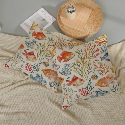 Summer Coastal Pillow Covers 16x16 Inch 2 Pcs Colorful Fish Coral Outdoor Decor Throw Pillows Nautical Beach Sea Ocean Themed Holiday Decoration Pillowcase Linen Cushion Cover for Couch Sofa - color: Colorful Fish Coral, size: 16" x 16" (Pack of 2)