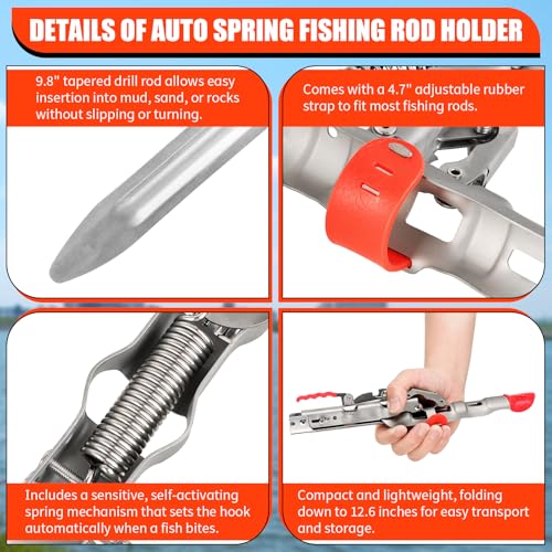 Automatic Spring Fishing Rod Holder, 2Pcs Stainless Steel Fishing Rod Stand, Adjustable Fishing Rod Holder with Single Spring for Loaded Tip-up Action for Ground Support Brackets, Fixed Bracket