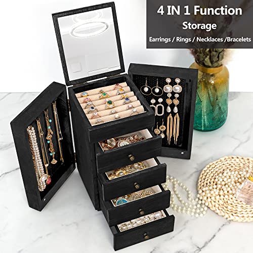 Meangood Jewelry Box Wood for Women, 5-Layer Large Organizer Box with Mirror & 4 Drawers for Rings, Earrings, Necklaces, Black - color: 5 Layer Black, size: 5 Layer