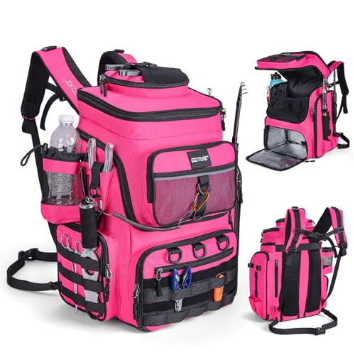 Goture Fishing Backpack,900D Water-Resistant Tackle Bag with Rod Holders, Insulated Cooler Compartment,55L Large Capacity Fishing Gear Storage for Saltwater&Freshwater Camping Hiking,Gifts for Women - color: A2:pink(without Tackle Boxes)