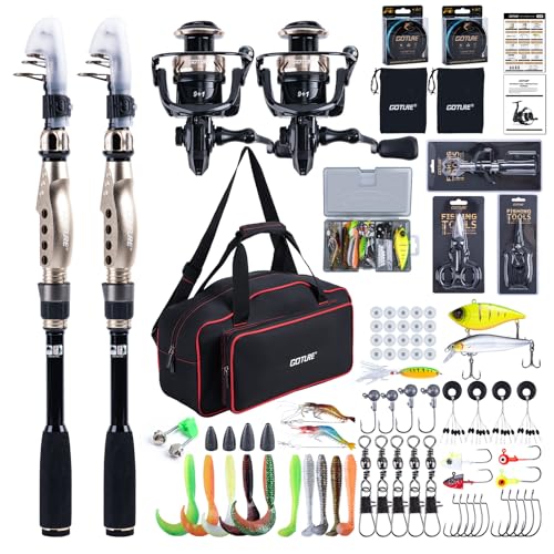 GOTURE Telescopic Fishing Rod and Reel Combos, Carbon Fiber Travel Fishing Pole, 9+1 BB Spinning Reel, Saltwater Freshwater Fishing Gear Kit with Braided Line, Lures, Carrier Bag for Bass Trout - color: 2 Rod & 2 Reel Spinning Fishing Combo - Oxford Soft