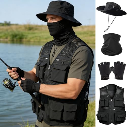 HUNTURE Fishing Vest,Pocket Vest and Hat Gloves Neck Gaiter Set for Men,Lightweight Utility Outerwear Vest - color: Black, size: Large