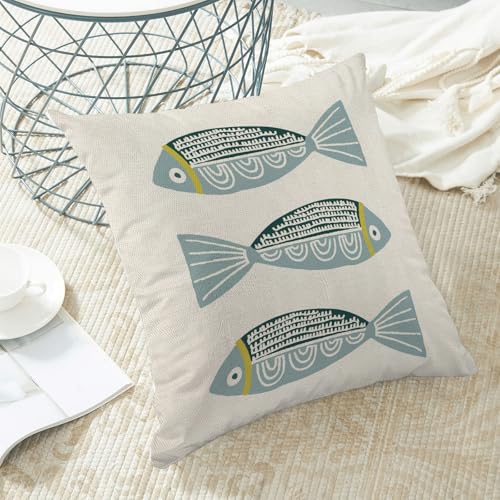 Coastal Blue Fish Pillow Covers 16x16 Inch Set of 2 Ocean Outdoor Throw Pillows Spring Summer Beach Nautical Pillowcase Linen Outdoor Decorative Cushion Covers for Bed Sofa Couch - color: Fish, size: 16" x 16" (Pack of 2)