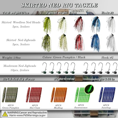 Ned Rig Jig Heads Soft Plastic Worms Fishing Lures Kit, 60/50/10 Pcs Weedless Skirted Mushroom Ned Rigs Jighead Hooks Stick Baits Bass Fishing Lures for Freshwater Saltwater - color: 60 Pcs Ned Lures