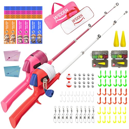 Kids Fishing Pole, Telescopic Fishing Rod, Toddler Collapsible Fishing Rod and Reel Combo with Tackle Box, Fishing Line, Bobber, and Soft Lures for Boy, Girl, Youth, Beginner, Over 4 Years Old - color: red+pink