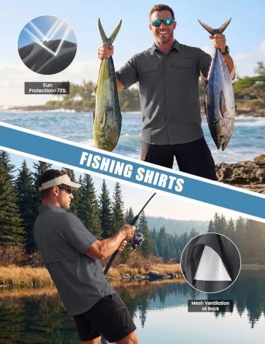 WULFUL Men's Sun Protection Fishing Shirts UPF 50+ Lightweight Quick Dry Cooling Short Sleeve Shirts for Work Hiking Safari - color: Shadow Grey, size: Large