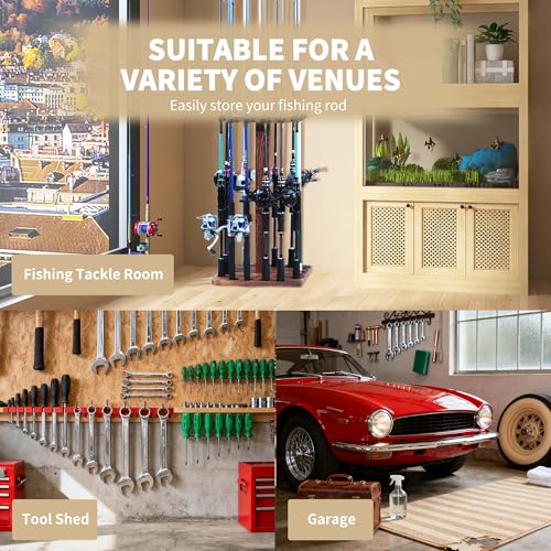 360° Rotating Fishing Rod Holder, Natural Wooden Fishing Pole Rack Stores 16 Rods, Floor-Standing Fishing Rod Storage Organizer with Rounded Clips for Garage, Basement, or Shed, Easy to Install - size: Square