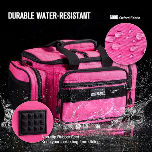 Goture Fishing Tackle Bag, 600D Water-Resistant Soft Side Crossbody Sling Bag for Women,Small Gear Storage Tactical Bags for Saltwater & Freshwater,Fits 3 3600 Tackle Boxes(Not Included) - color: A:Pink(Without Trays-14.96"x9.06"x7.48"), size: X-Small