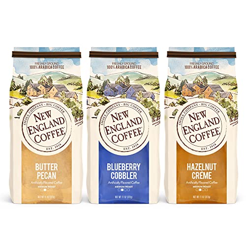 New England Coffee Variety Pack - Butter Pecan/Blueberry Cobbler/Hazelnut Creme, 11oz Bag (Pack of 3) - size: 11 Ounce (Pack of 3)
