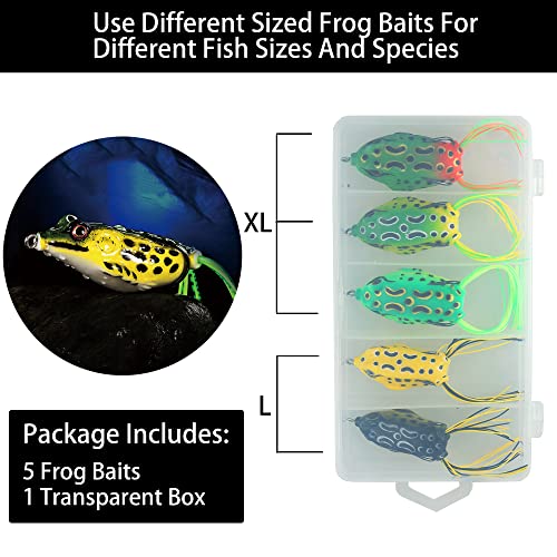 5PCS Topwater Frog Lures Set with Box, Realistic Soft Hollow Body Fishing Lures for Bass Snakehead Pike Bowfin, Weedless Freshwater Simulated Frog Baits