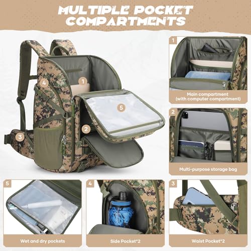 Maelstrom Tactical Backpack for Men, Water Resistant 40L Military Bag | Molle System, 900d Polyester, Laptop Pocket, Load Compression, Tripod Straps, For Hunting, Travel, Hiking,Gym, Camping - color: D.camouflage Green