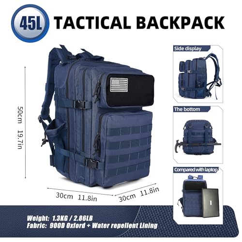 gracedon Tactical Backpack - Military Molle Bag 3 Days Pack for men and Women Large Assault Rucksack 45L (Navy) - color: Navy